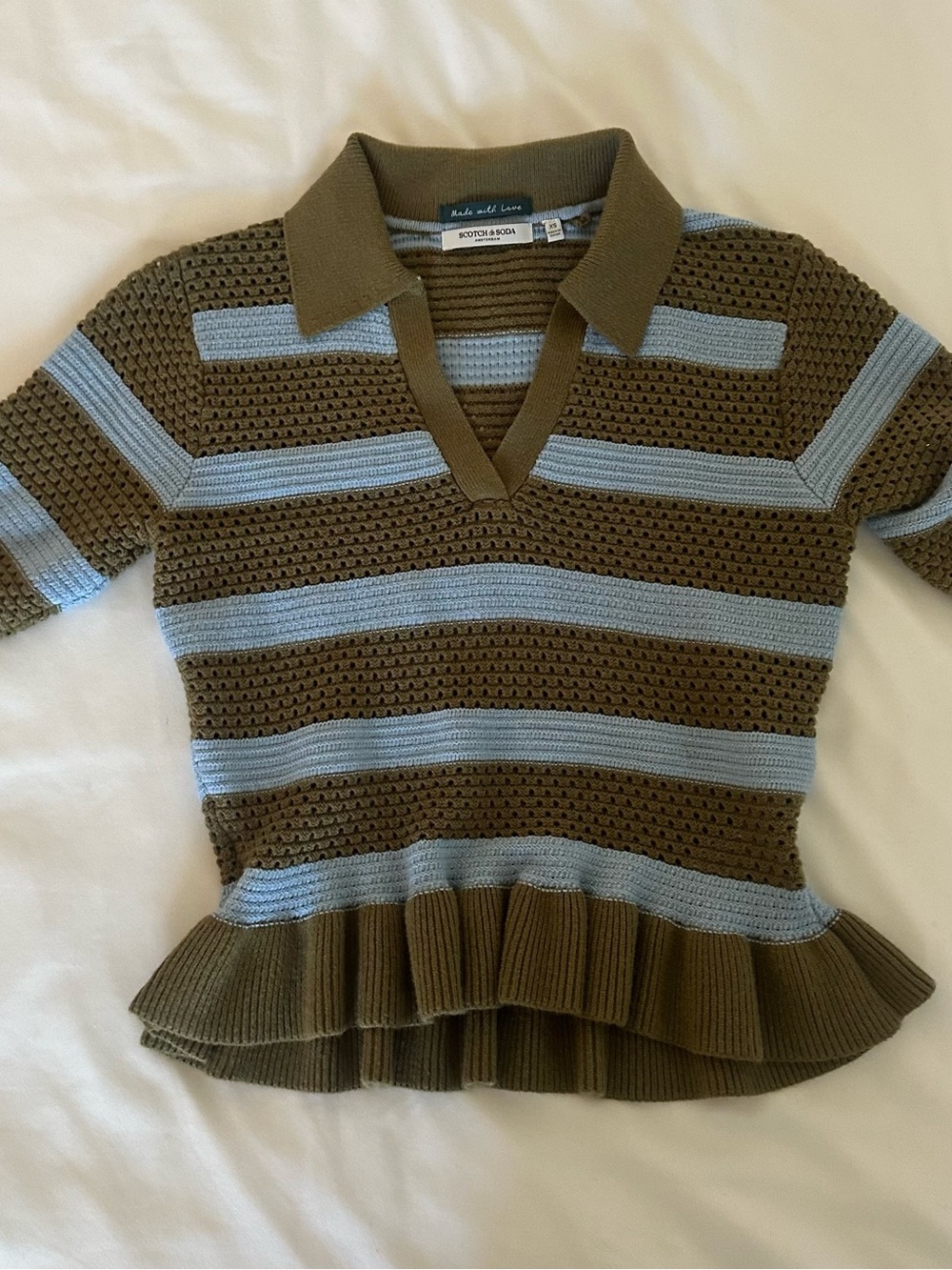 Scotch & Soda Olive and Light Blue Striped Knit Polo with Peplum Hem